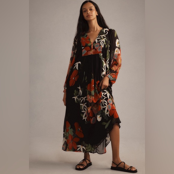 FARM Rio Dresses & Skirts - Farm Rio Long-Sleeve V-Neck Floral Maxi Dress